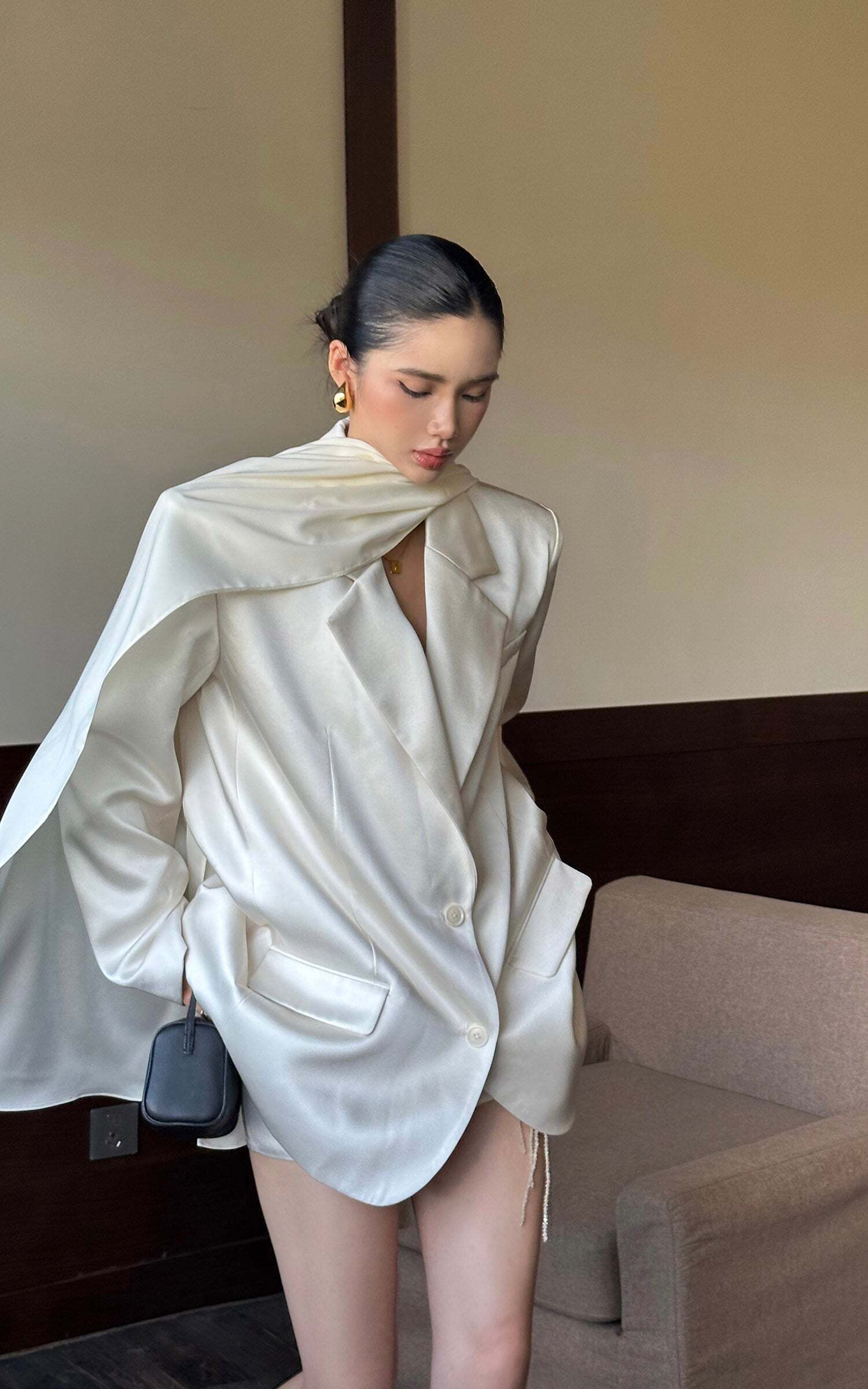 ROVENTE Satin Blazer Suit with Scarf Two Button Modern Jacket Set ROVENTE Satin Blazer Suit with Scarf Two Button Modern Jacket Set