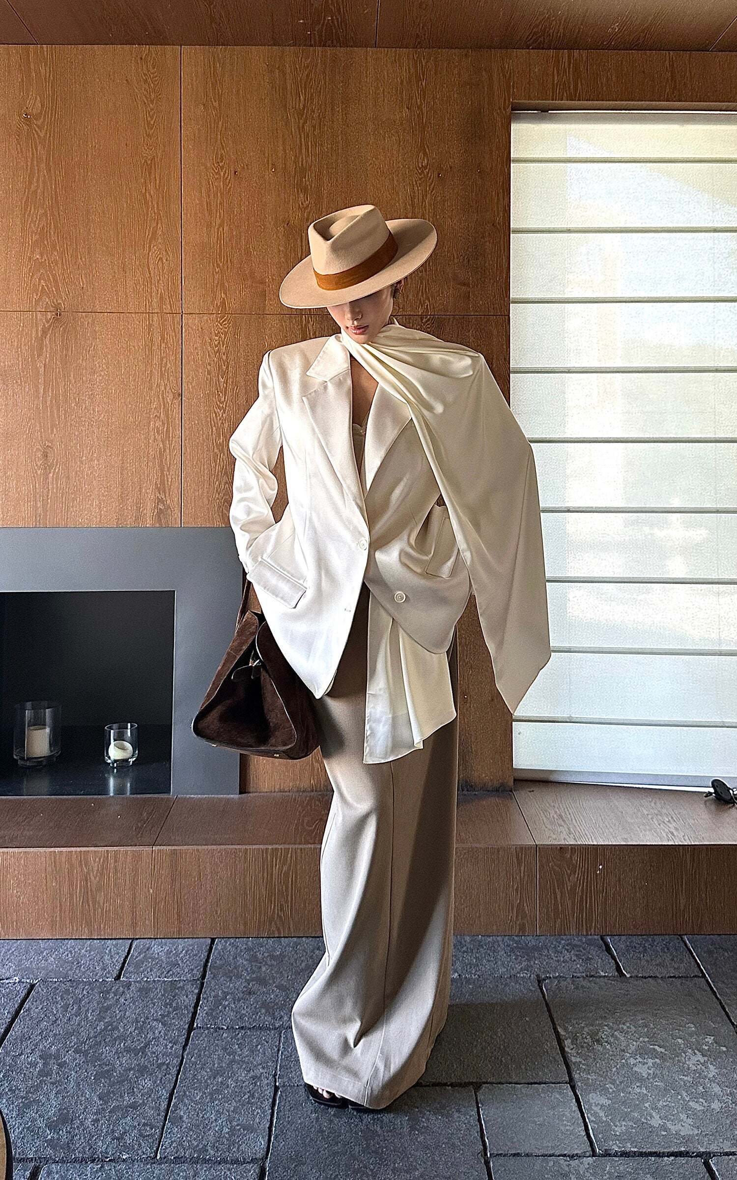 ROVENTE Satin Blazer Suit with Scarf Two Button Modern Jacket Set ROVENTE Satin Blazer Suit with Scarf Two Button Modern Jacket Set