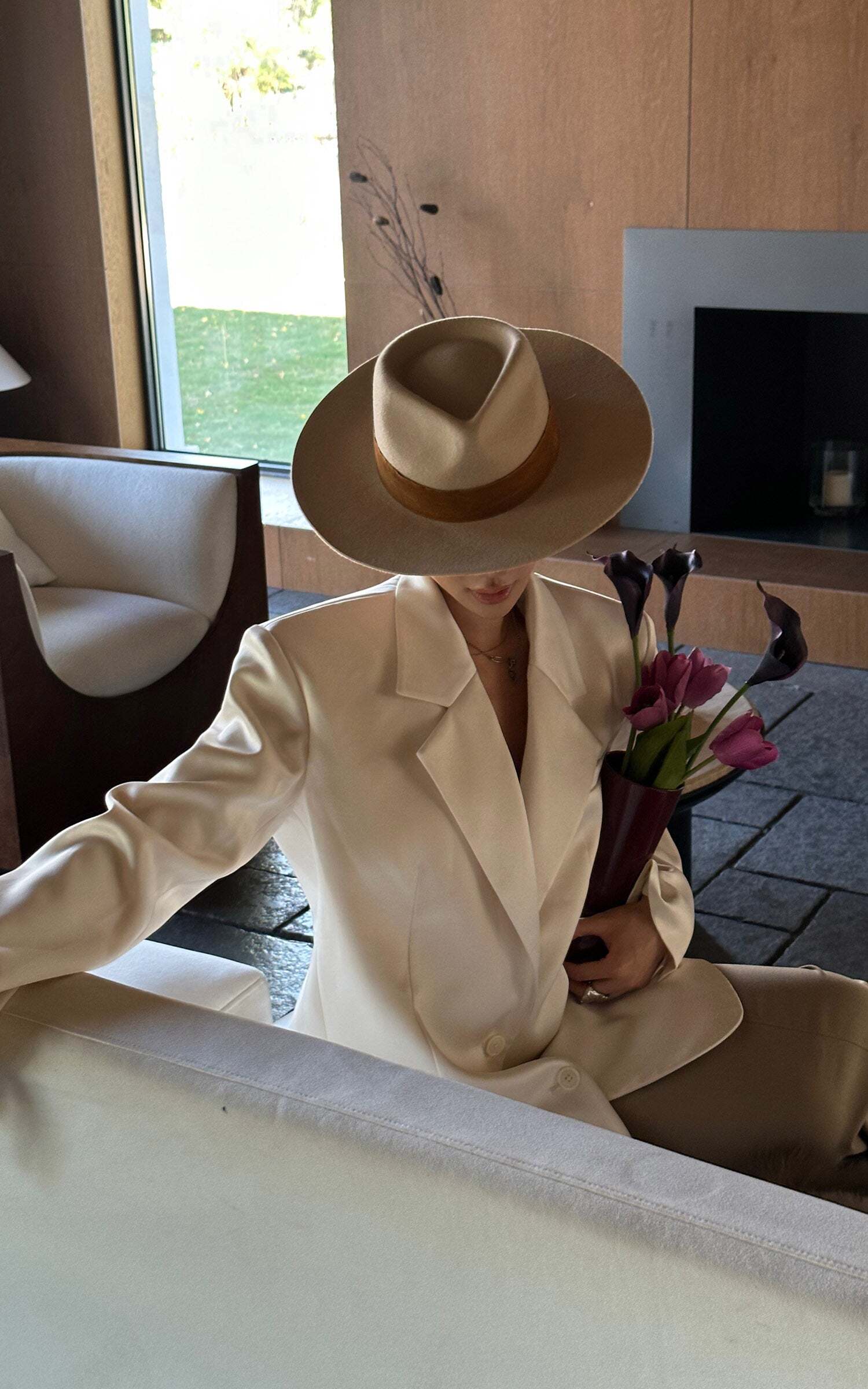 ROVENTE Satin Blazer Suit with Scarf Two Button Modern Jacket Set ROVENTE Satin Blazer Suit with Scarf Two Button Modern Jacket Set