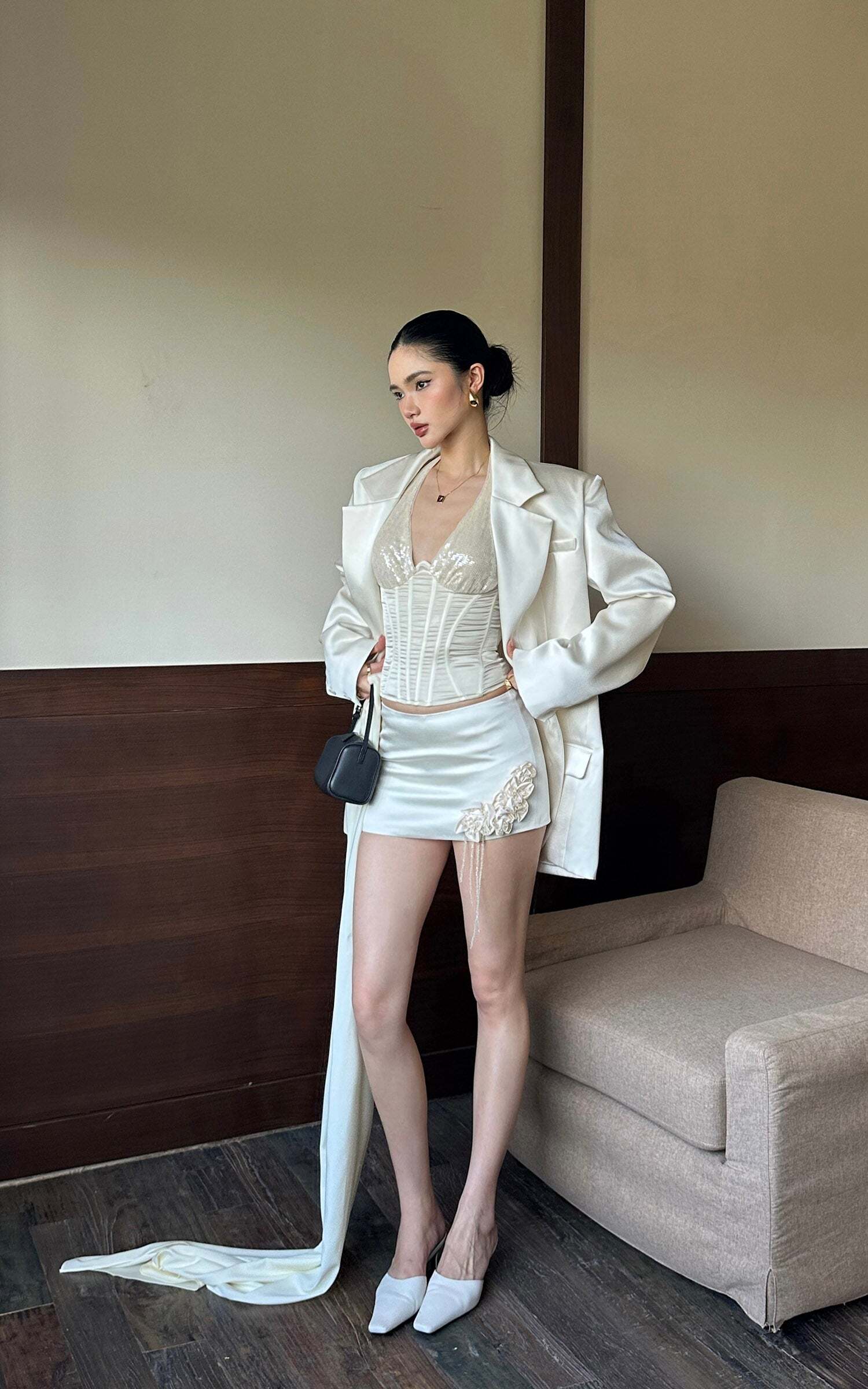 ROVENTE Satin Blazer Suit with Scarf Two Button Modern Jacket Set ROVENTE Satin Blazer Suit with Scarf Two Button Modern Jacket Set