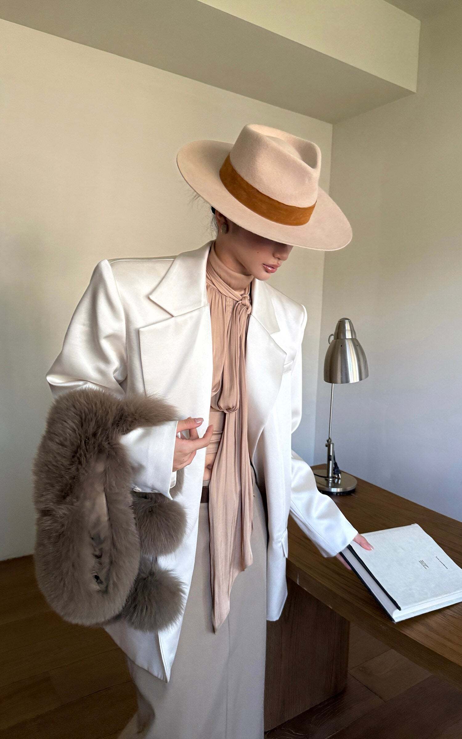 ROVENTE Satin Blazer Suit with Scarf Two Button Modern Jacket Set ROVENTE Satin Blazer Suit with Scarf Two Button Modern Jacket Set