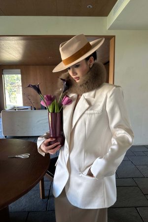 ROVENTE Satin Blazer Suit with Scarf Two Button Modern Jacket Set