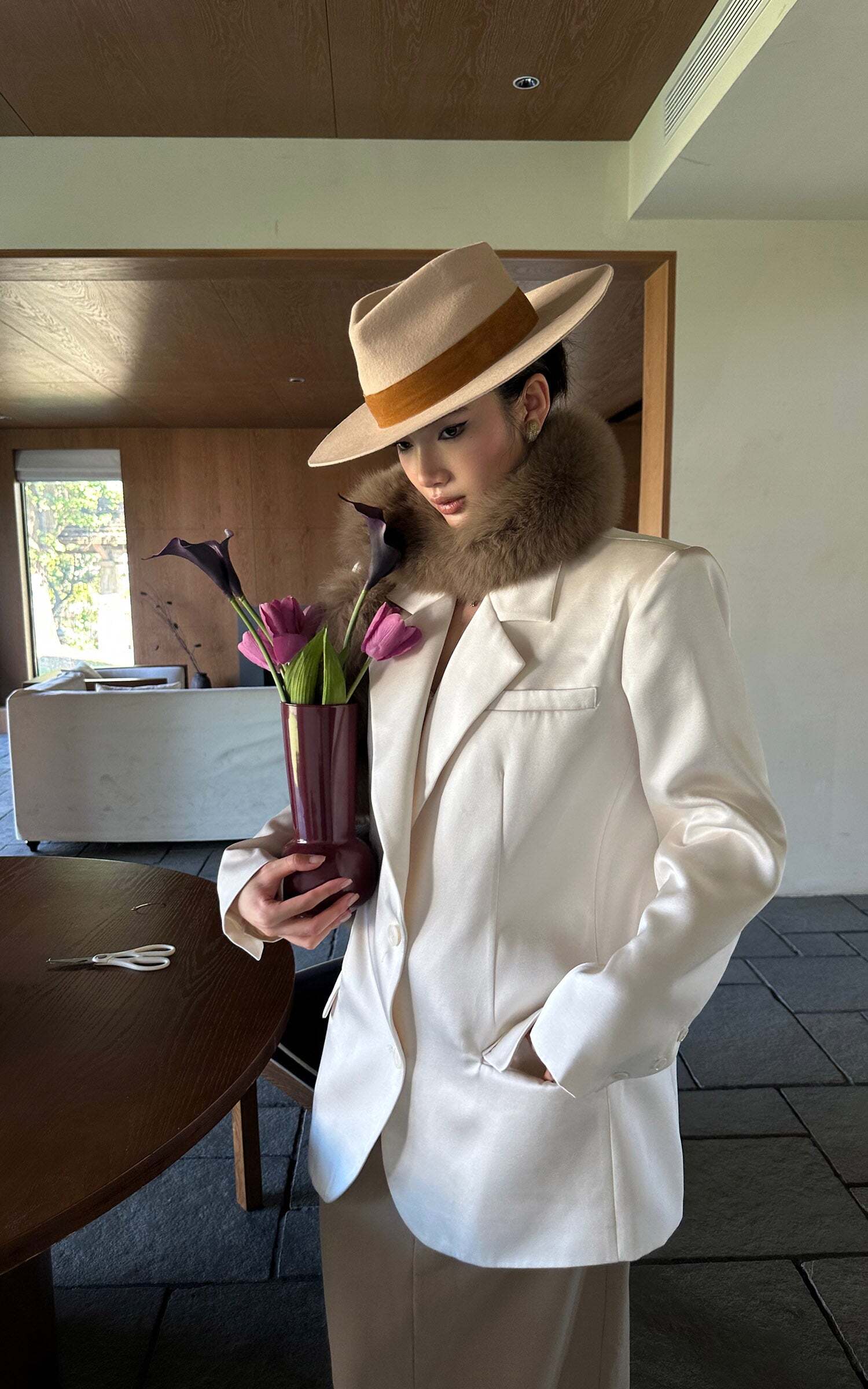 ROVENTE Satin Blazer Suit with Scarf Two Button Modern Jacket Set ROVENTE Satin Blazer Suit with Scarf Two Button Modern Jacket Set