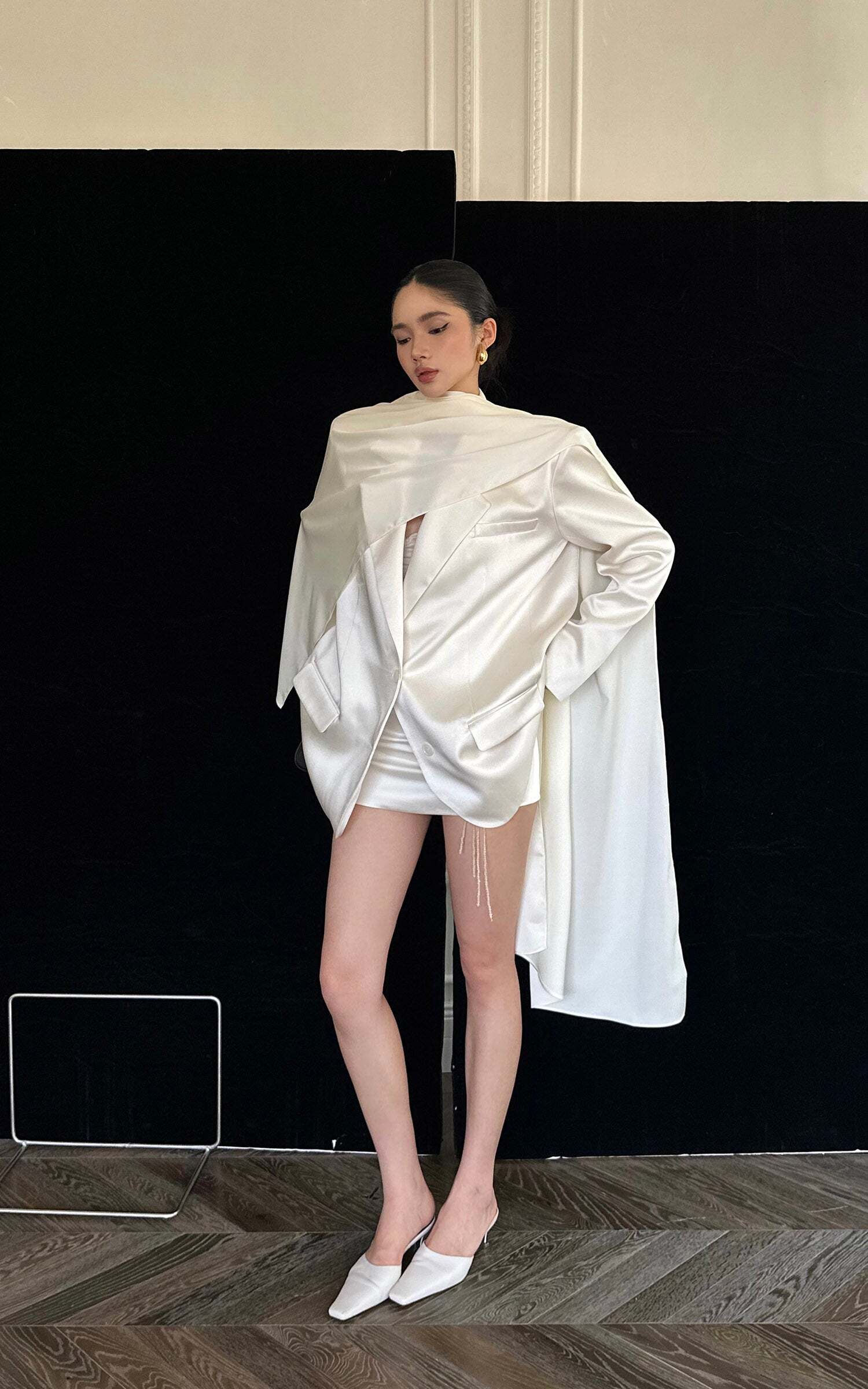 ROVENTE Satin Blazer Suit with Scarf Two Button Modern Jacket Set ROVENTE Satin Blazer Suit with Scarf Two Button Modern Jacket Set