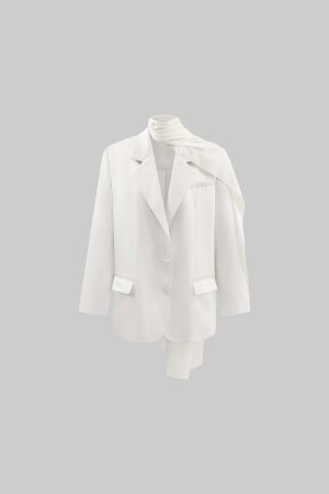 ROVENTE Satin Blazer Suit with Scarf Two Button Modern Jacket Set