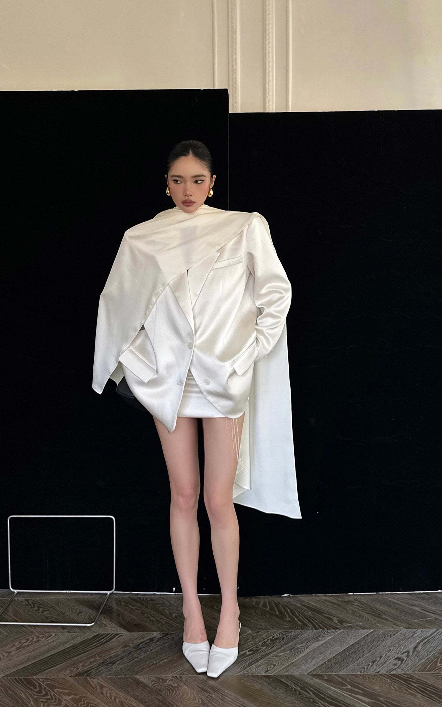 ROVENTE Satin Blazer Suit with Scarf Two Button Modern Jacket Set ROVENTE Satin Blazer Suit with Scarf Two Button Modern Jacket Set