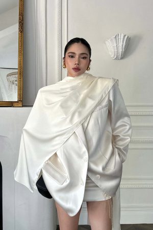 ROVENTE Satin Blazer Suit with Scarf Two Button Modern Jacket Set