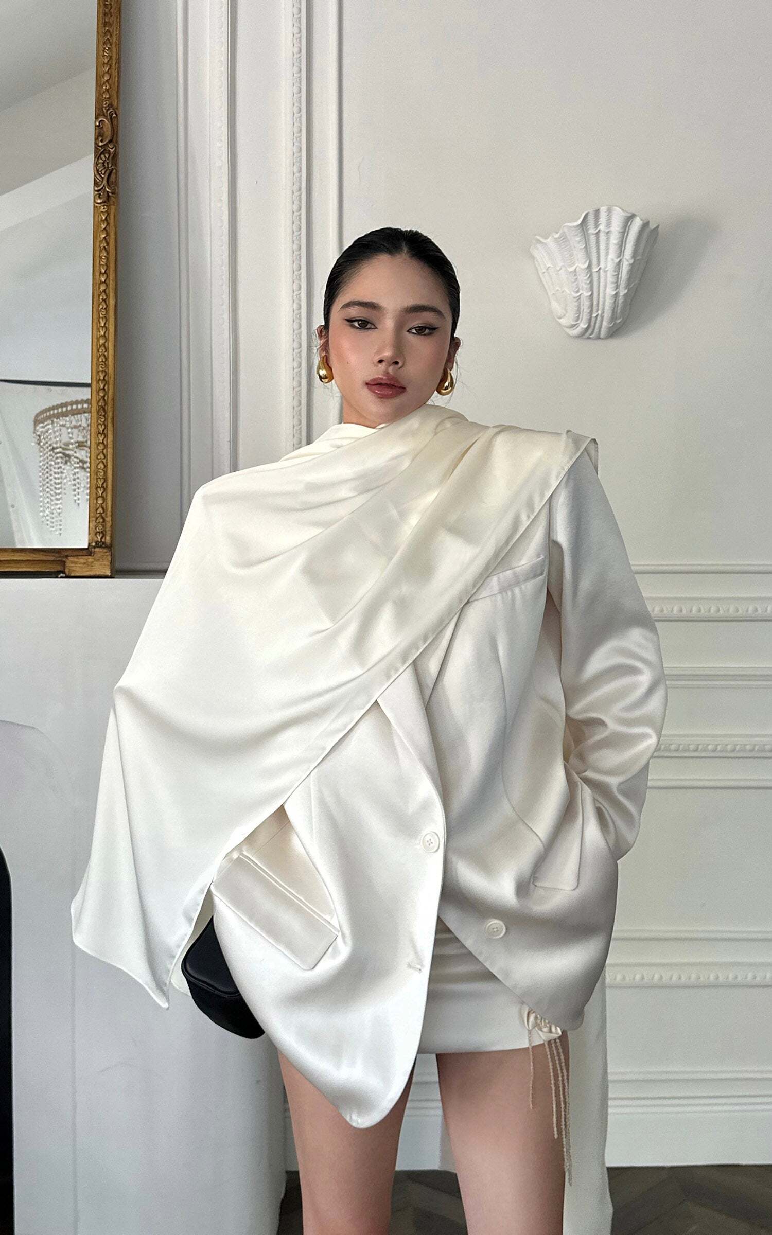 ROVENTE Satin Blazer Suit with Scarf Two Button Modern Jacket Set ROVENTE Satin Blazer Suit with Scarf Two Button Modern Jacket Set