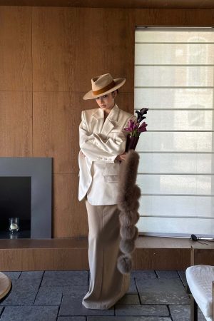 ROVENTE Satin Blazer Suit with Scarf Two Button Modern Jacket Set