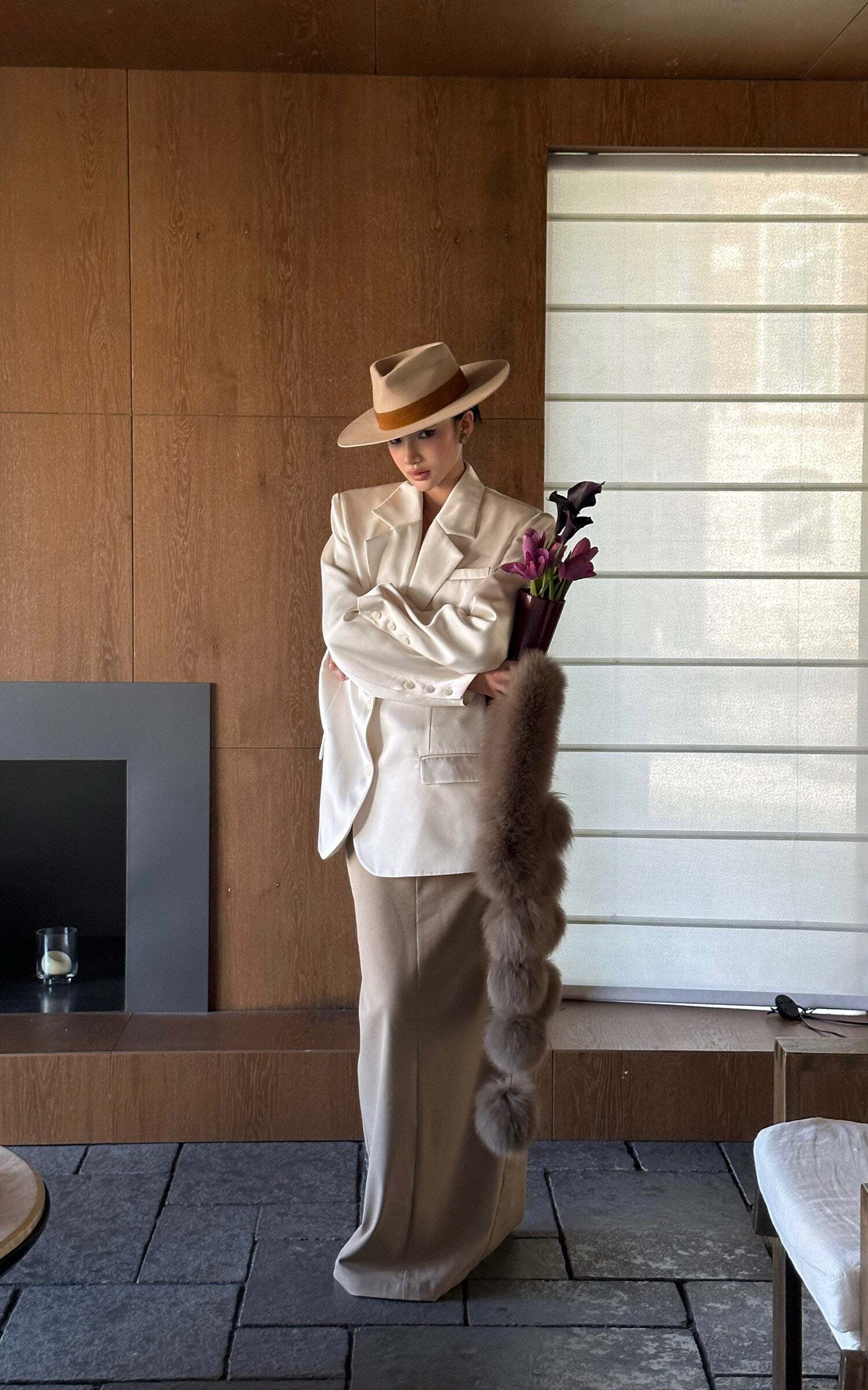 ROVENTE Satin Blazer Suit with Scarf Two Button Modern Jacket Set ROVENTE Satin Blazer Suit with Scarf Two Button Modern Jacket Set