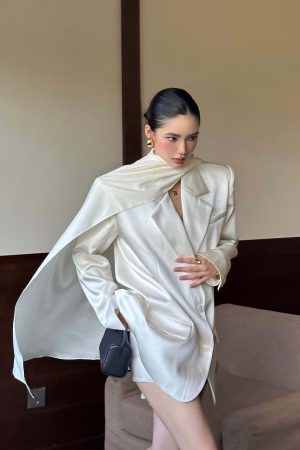 ROVENTE Satin Blazer Suit with Scarf Two Button Modern Jacket Set