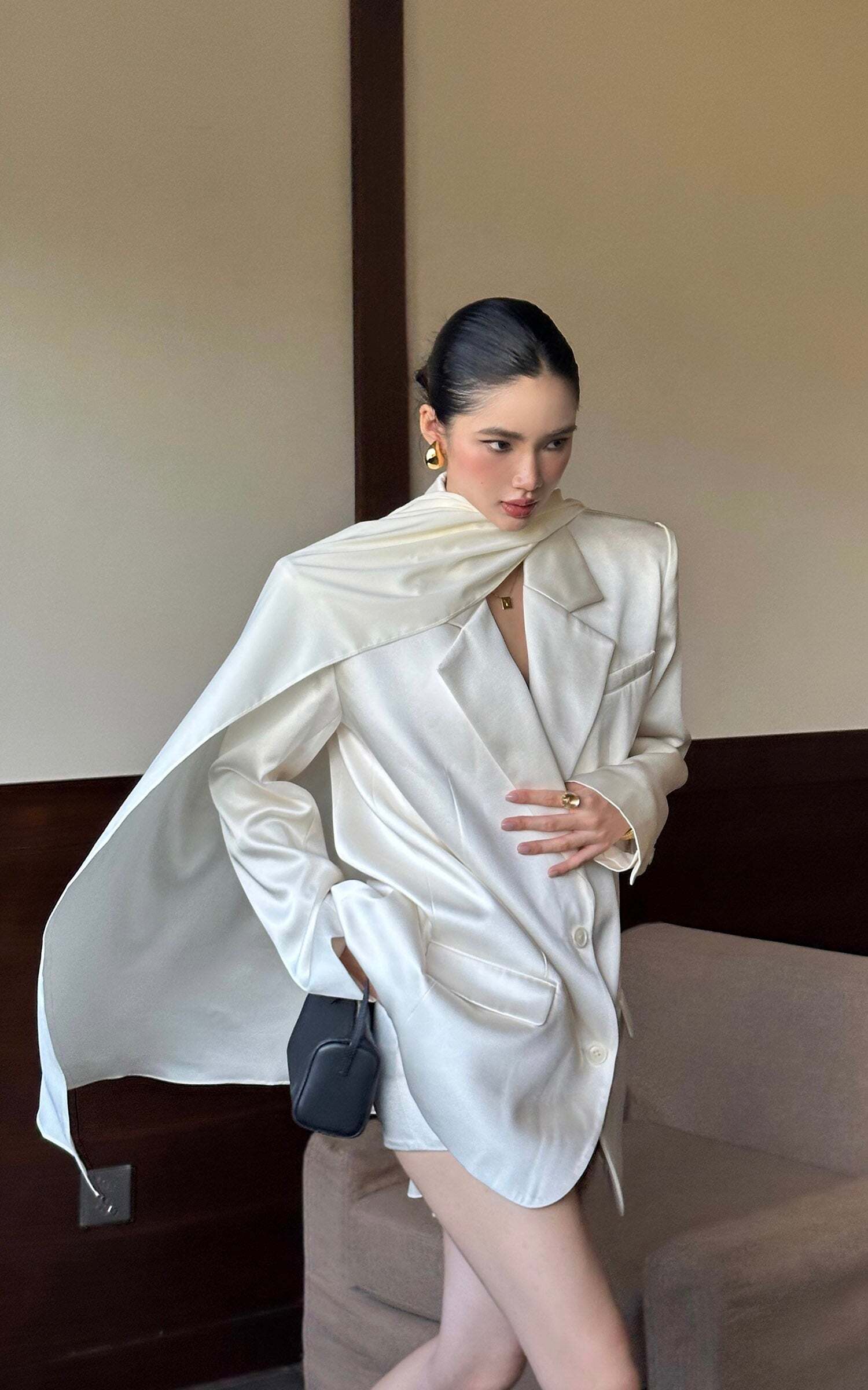 ROVENTE Satin Blazer Suit with Scarf Two Button Modern Jacket Set ROVENTE Satin Blazer Suit with Scarf Two Button Modern Jacket Set