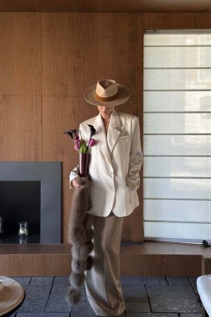 ROVENTE Satin Blazer Suit with Scarf Two Button Modern Jacket Set