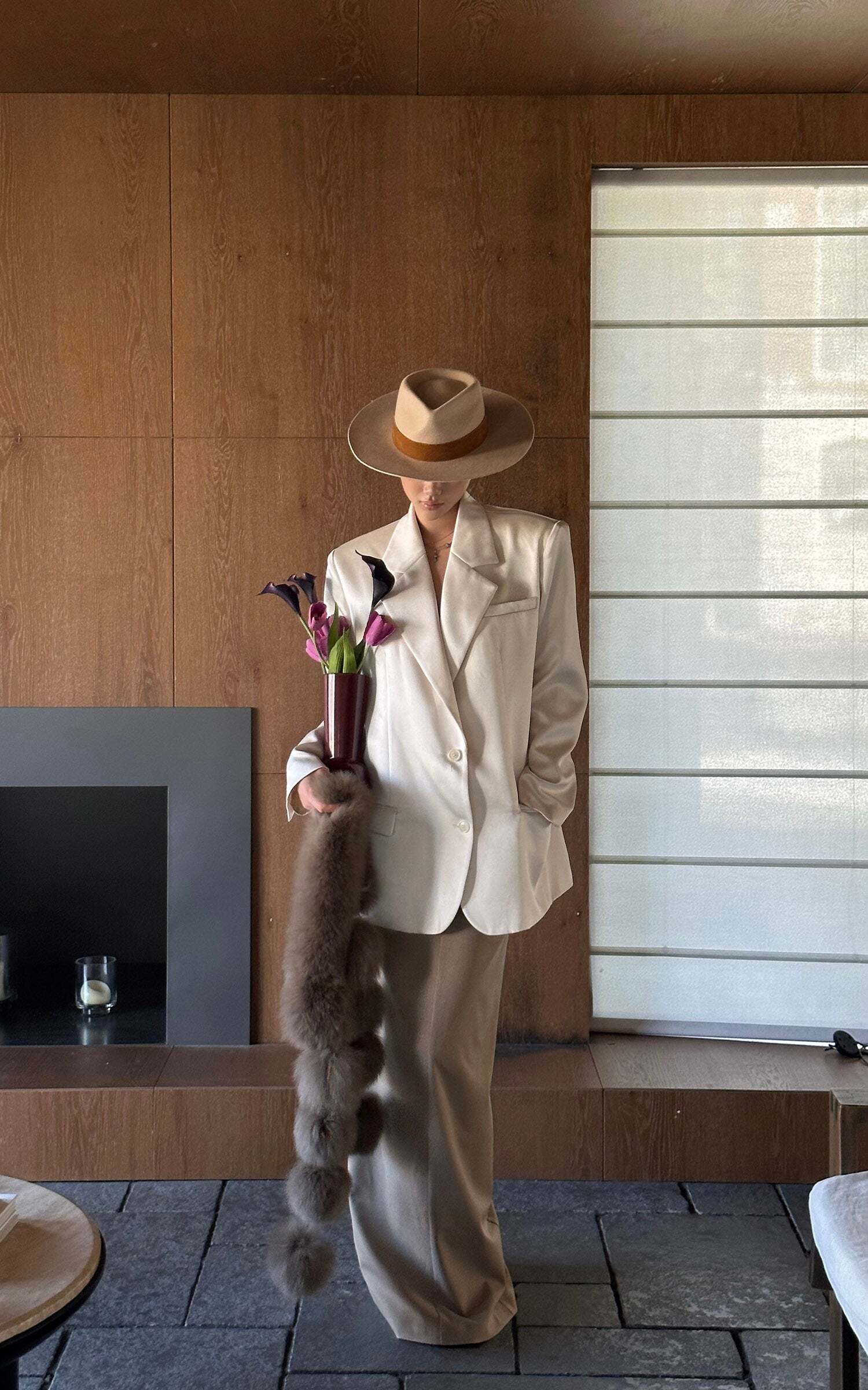 ROVENTE Satin Blazer Suit with Scarf Two Button Modern Jacket Set ROVENTE Satin Blazer Suit with Scarf Two Button Modern Jacket Set