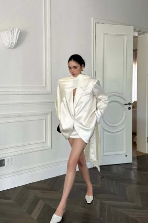 ROVENTE Satin Blazer Suit with Scarf Two Button Modern Jacket Set