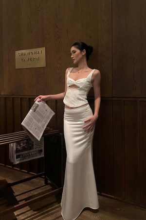 ROVENTE Satin Lace Tank & Mermaid Skirt Set