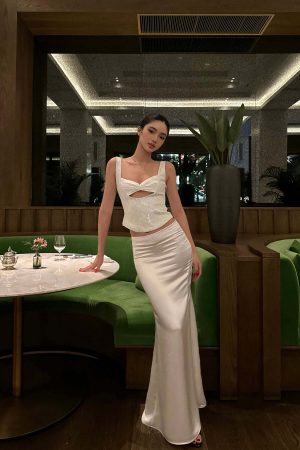 ROVENTE Satin Lace Tank & Mermaid Skirt Set