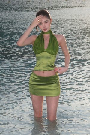 ROVENTE Satin Mesh-Drape Halter Top & Micro Mini Skirt Set