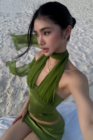 ROVENTE Satin Mesh-Drape Halter Top & Micro Mini Skirt Set