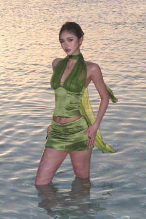 ROVENTE Satin Mesh-Drape Halter Top & Micro Mini Skirt Set