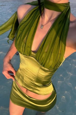 ROVENTE Satin Mesh-Drape Halter Top & Micro Mini Skirt Set