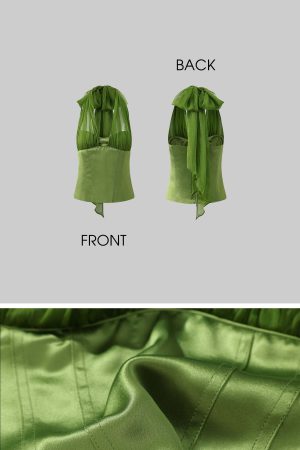 ROVENTE Satin Mesh-Drape Halter Top & Micro Mini Skirt Set