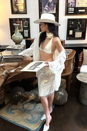 ROVENTE Satin Strap Top & Sequin Skirt Set