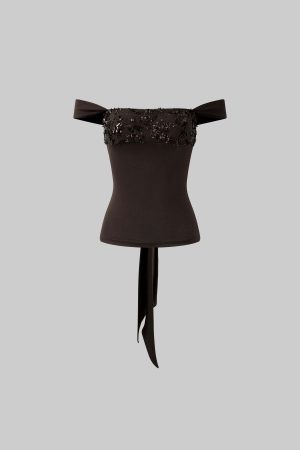 ROVENTE Sequin Halter Knit Corset Top with Tie Back in Mocha Brown