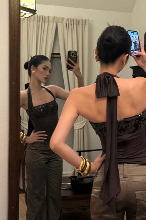 ROVENTE Sequin Halter Knit Corset Top with Tie Back in Mocha Brown