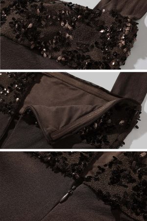 ROVENTE Sequin Halter Knit Corset Top with Tie Back in Mocha Brown