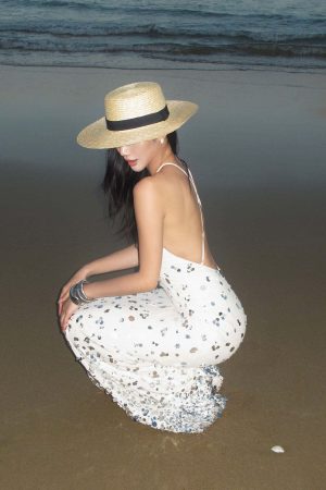 ROVENTE Sequin Halter Maxi Dress with Keyhole Front