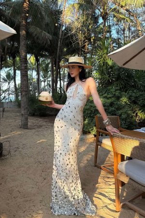 ROVENTE Sequin Halter Maxi Dress with Keyhole Front