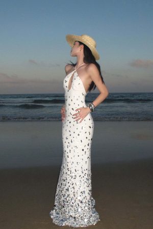 ROVENTE Sequin Halter Maxi Dress with Keyhole Front