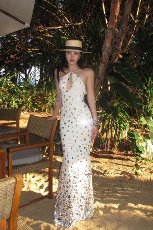 ROVENTE Sequin Halter Maxi Dress with Keyhole Front