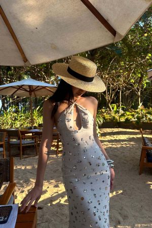 ROVENTE Sequin Halter Maxi Dress with Keyhole Front