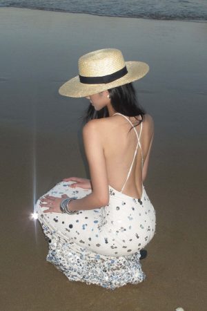 ROVENTE Sequin Halter Maxi Dress with Keyhole Front