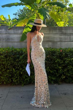 ROVENTE Sequin Halter Maxi Dress with Keyhole Front