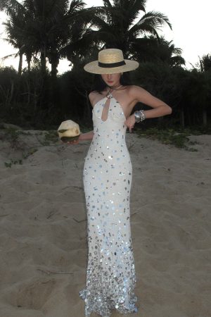 ROVENTE Sequin Halter Maxi Dress with Keyhole Front