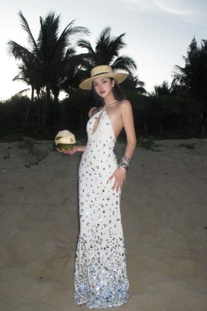 ROVENTE Sequin Halter Maxi Dress with Keyhole Front