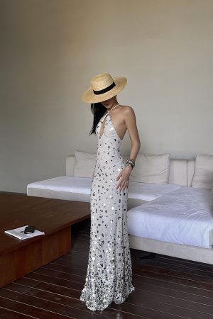 ROVENTE Sequin Halter Maxi Dress with Keyhole Front