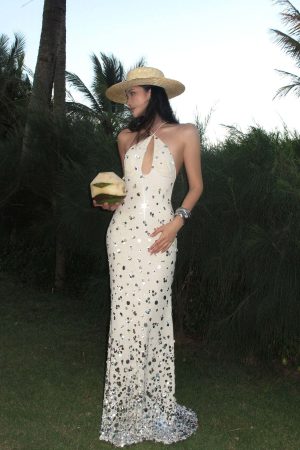 ROVENTE Sequin Halter Maxi Dress with Keyhole Front