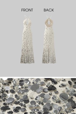 ROVENTE Sequin Halter Maxi Dress with Keyhole Front