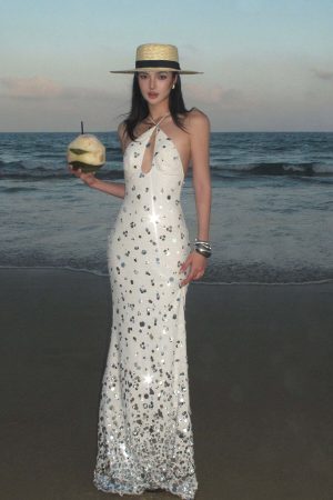 ROVENTE Sequin Halter Maxi Dress with Keyhole Front