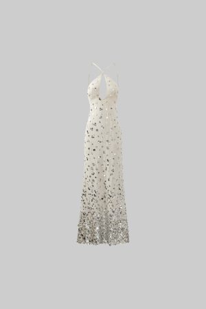 ROVENTE Sequin Halter Maxi Dress with Keyhole Front