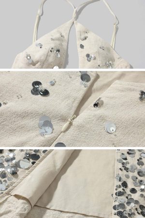 ROVENTE Sequin Halter Maxi Dress with Keyhole Front