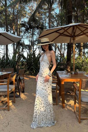 ROVENTE Sequin Halter Maxi Dress with Keyhole Front