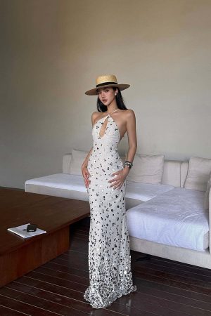 ROVENTE Sequin Halter Maxi Dress with Keyhole Front