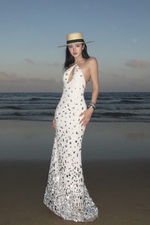 ROVENTE Sequin Halter Maxi Dress with Keyhole Front