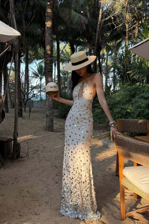 ROVENTE Sequin Halter Maxi Dress with Keyhole Front