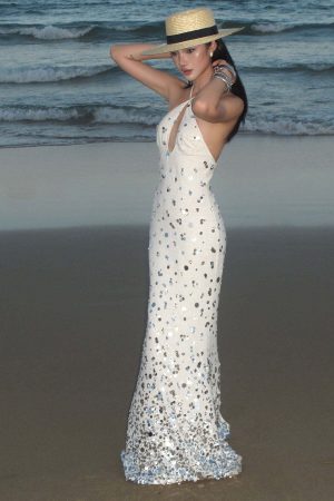 ROVENTE Sequin Halter Maxi Dress with Keyhole Front